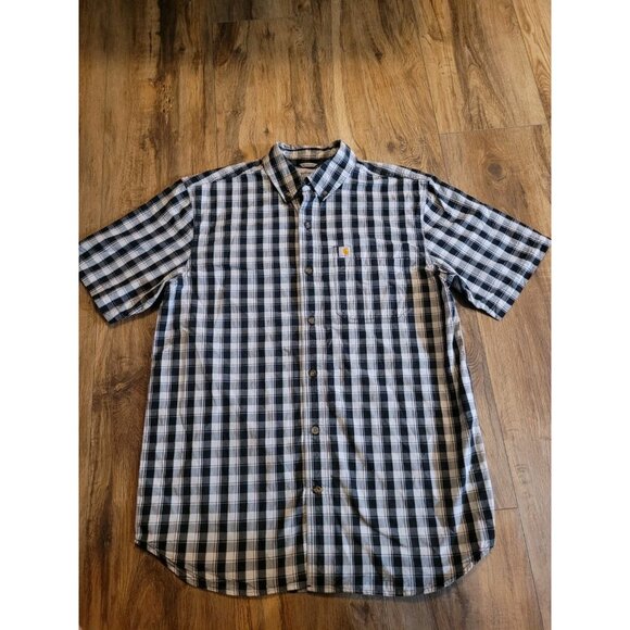 Carhartt Button Up Medium Shirt Blue Plaid Relaxed Fit Short Sleeve - Picture 1 of 7